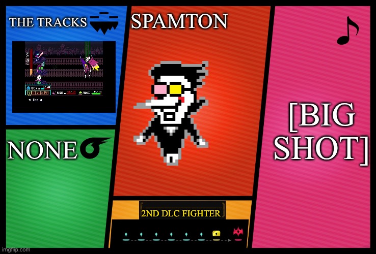Smash Ultimate DLC fighter profile | THE TRACKS; SPAMTON; [BIG SHOT]; NONE; 2ND DLC FIGHTER | image tagged in smash ultimate dlc fighter profile | made w/ Imgflip meme maker