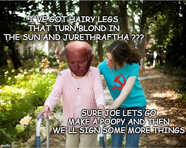 I'VE GOT HAIRY LEGS THAT TURN BLOND IN THE SUN AND JURETHRAFTHA ??? SURE JOE LETS GO MAKE A POOPY AND THEN WE'LL SIGN SOME MORE THINGS | image tagged in joe biden | made w/ Imgflip meme maker