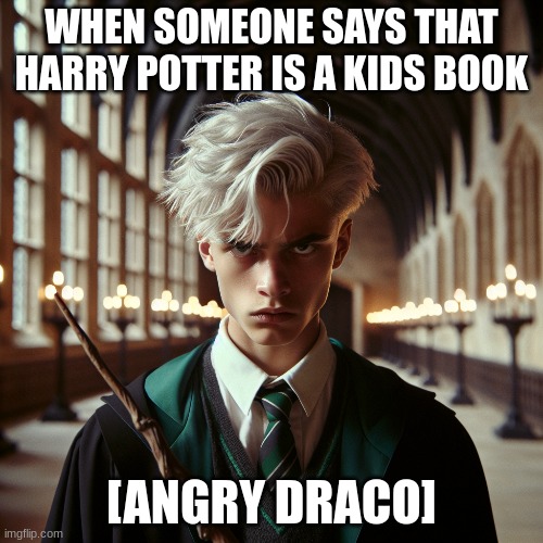 Angry Draco | WHEN SOMEONE SAYS THAT HARRY POTTER IS A KIDS BOOK | image tagged in angry draco,harry potter,draco malfoy,anger | made w/ Imgflip meme maker