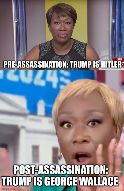 George Wallace | PRE-ASSASSINATION: TRUMP IS HITLER; POST-ASSASSINATION: TRUMP IS GEORGE WALLACE | image tagged in joy reid,joy reid tdsin',donald trump | made w/ Imgflip meme maker