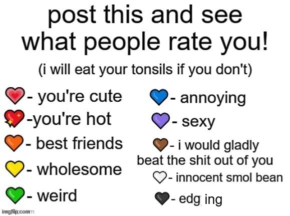 post this and see what people rate you! | ing | image tagged in post this and see what people rate you | made w/ Imgflip meme maker