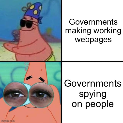 Patrick Star Blind | Governments making working webpages; Governments spying on people | image tagged in patrick star blind,memes,funny | made w/ Imgflip meme maker