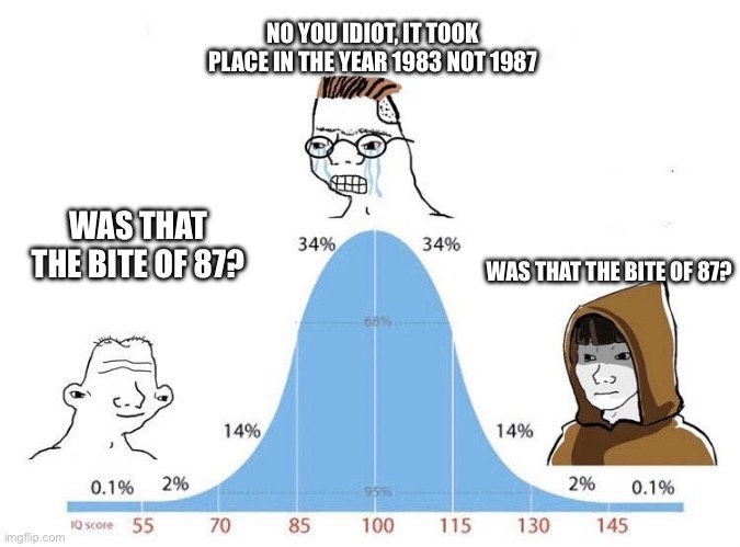 Bell Curve | NO YOU IDIOT, IT TOOK PLACE IN THE YEAR 1983 NOT 1987; WAS THAT THE BITE OF 87? WAS THAT THE BITE OF 87? | image tagged in bell curve | made w/ Imgflip meme maker