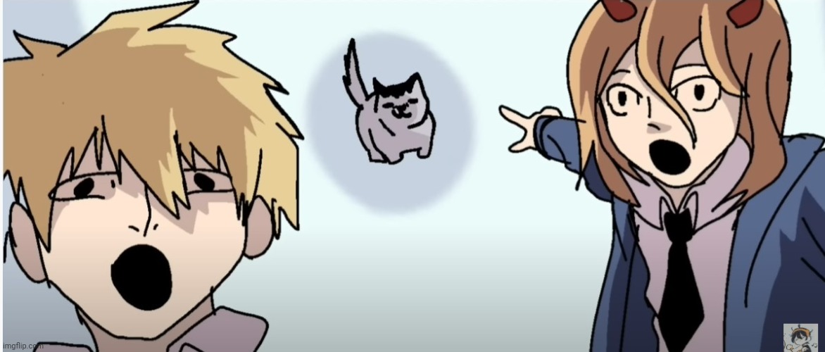 Denji and Power pointing at meowy | image tagged in denji and power pointing at meowy | made w/ Imgflip meme maker