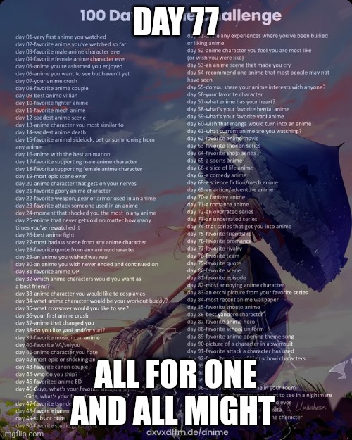 Day 77 | DAY 77; ALL FOR ONE AND ALL MIGHT | image tagged in 100 day anime challenge,mha,anime | made w/ Imgflip meme maker