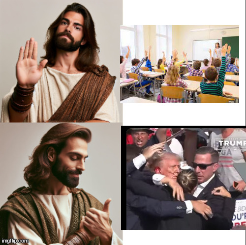 beware of a theology that saves one man from a bullet but not classrooms full of children. | image tagged in jesus hotline bling | made w/ Imgflip meme maker