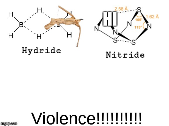 Hydride, Nitride, | HI; Violence!!!!!!!!!! | image tagged in hydride nitride | made w/ Imgflip meme maker