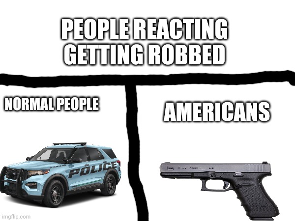 I don't wanna offend america its just a joke | PEOPLE REACTING GETTING ROBBED; NORMAL PEOPLE; AMERICANS | image tagged in america | made w/ Imgflip meme maker