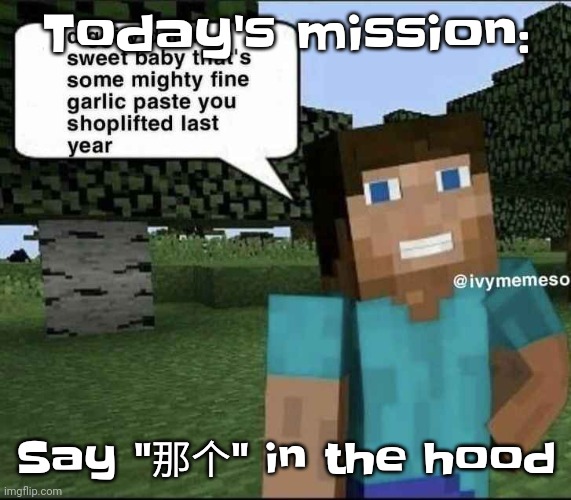 Yuh | Today's mission:; Say "那个" in the hood | image tagged in garlique | made w/ Imgflip meme maker