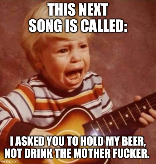Hold my beer | THIS NEXT SONG IS CALLED:; I ASKED YOU TO HOLD MY BEER, NOT DRINK THE MOTHER FUCKER. | image tagged in guitar,crybabies,hold my beer,friends,sad but true,shady | made w/ Imgflip meme maker