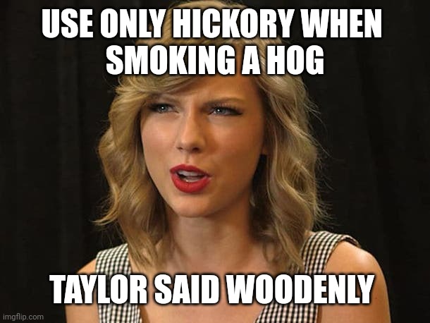 Taylor said woodenly | USE ONLY HICKORY WHEN 
SMOKING A HOG; TAYLOR SAID WOODENLY | image tagged in taylor swiftie | made w/ Imgflip meme maker