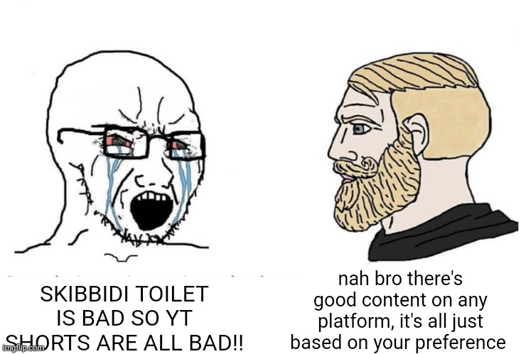 Soyboy Vs Yes Chad | SKIBBIDI TOILET IS BAD SO YT SHORTS ARE ALL BAD!! nah bro there's good content on any platform, it's all just based on your preference | image tagged in soyboy vs yes chad | made w/ Imgflip meme maker