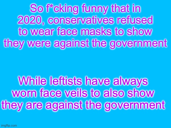 Now I can cover my face yay | So f*cking funny that in 2020, conservatives refused to wear face masks to show they were against the government; While leftists have always worn face veils to also show they are against the government | image tagged in leftist,conservative,face mask,wear a mask,veil,face veil | made w/ Imgflip meme maker