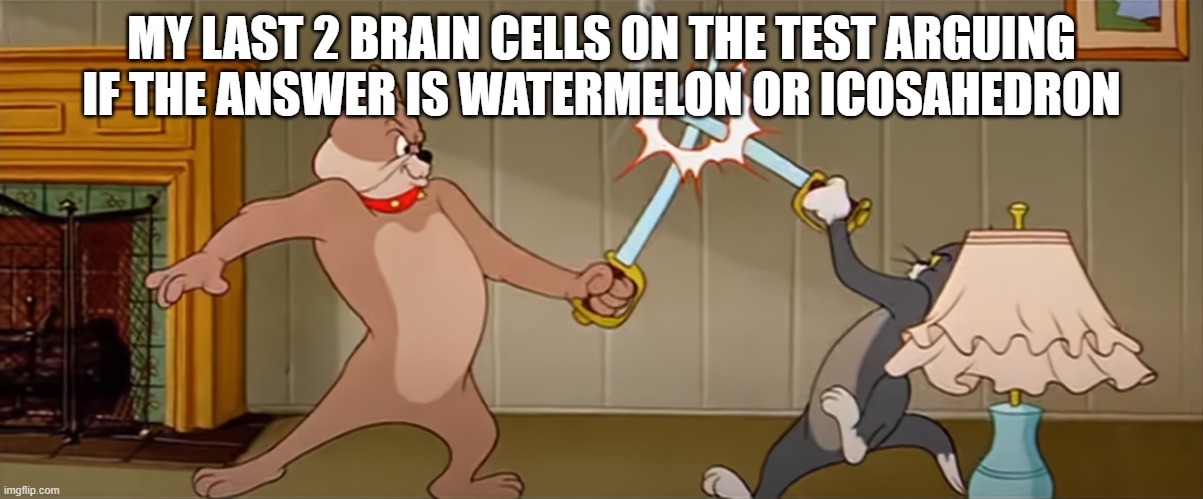 time to fail | MY LAST 2 BRAIN CELLS ON THE TEST ARGUING IF THE ANSWER IS WATERMELON OR ICOSAHEDRON | image tagged in school,tests,brain cells | made w/ Imgflip meme maker
