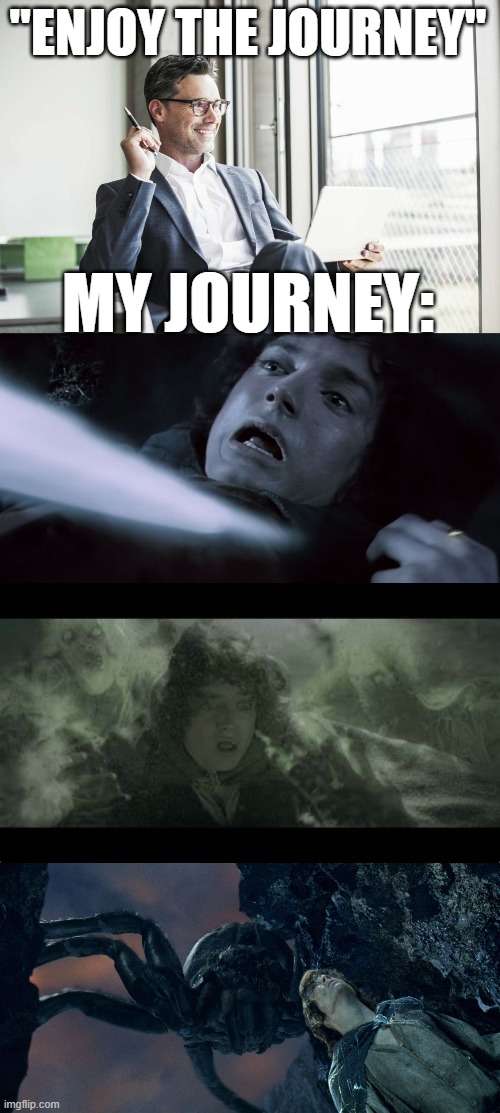 When rich people tell you to "enjoy the journey" | "ENJOY THE JOURNEY"; MY JOURNEY: | image tagged in lord of the rings,the lord of the rings,success,hang in there | made w/ Imgflip meme maker