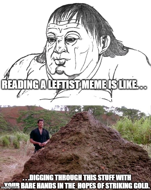 To fully understand leftist memes. | READING A LEFTIST MEME IS LIKE. . . . . .DIGGING THROUGH THIS STUFF WITH YOUR BARE HANDS IN THE  HOPES OF STRIKING GOLD. | image tagged in typical leftist troll meme,big pile of bullshit,political humor,politics | made w/ Imgflip meme maker