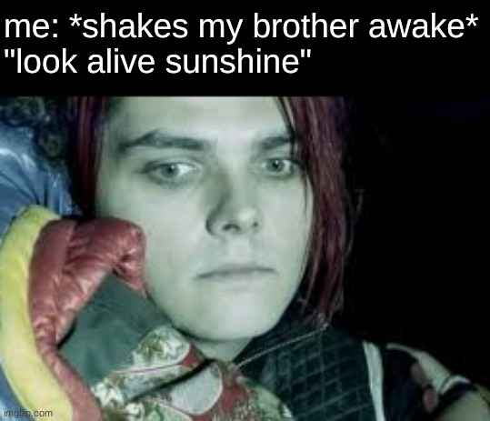 I think the danger days stream is broken | me: *shakes my brother awake*
"look alive sunshine" | image tagged in mcr,danger days,my chemical romance | made w/ Imgflip meme maker