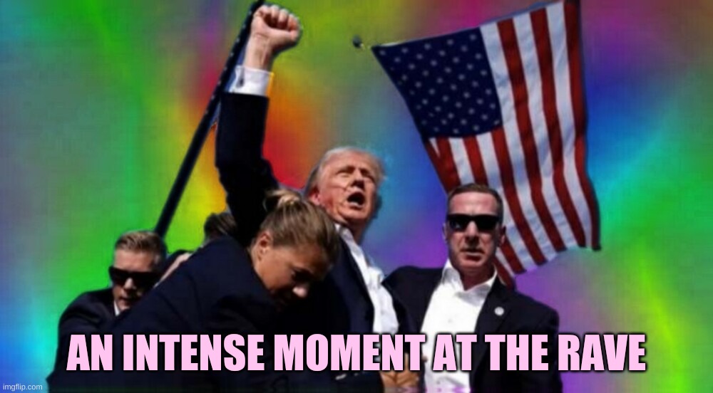Rave! | AN INTENSE MOMENT AT THE RAVE | image tagged in rave,panic at the disco,party time,it's showtime,flag,donald trump | made w/ Imgflip meme maker