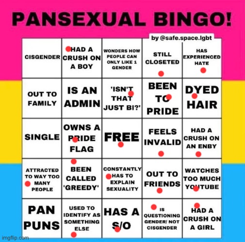 I’ve had crushes on girls while I thought I was just gay, but I used to rub it off as a fluke | image tagged in pansexual bingo | made w/ Imgflip meme maker