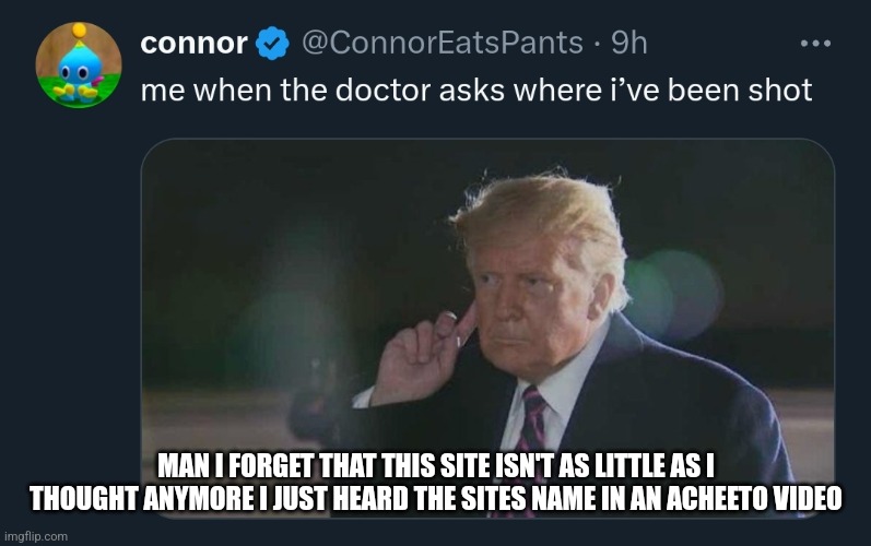 Trump | MAN I FORGET THAT THIS SITE ISN'T AS LITTLE AS I THOUGHT ANYMORE I JUST HEARD THE SITES NAME IN AN ACHEETO VIDEO | image tagged in trump | made w/ Imgflip meme maker