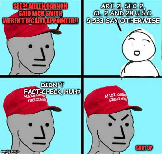 You know... because Donald J. Trump picks only the best and brightest... of what's available in the moron bin apparently... | SEE?! AILEEN CANNON SAID JACK SMITH WEREN'T LEGALLY APPOINTED!! ART. 2, SEC. 2, CL. 2 AND 28 U.S.C. § 533 SAY OTHERWISE; DIDN'T FACT-CHECK, HUH? SHUT UP | image tagged in maga npc an an0nym0us template,best and brightest,epic fail,do you are have stupid | made w/ Imgflip meme maker