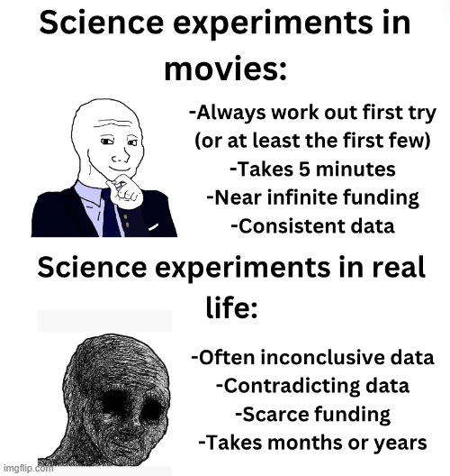 image tagged in movies,science,experiment,expectation vs reality,in real life,difficult | made w/ Imgflip meme maker