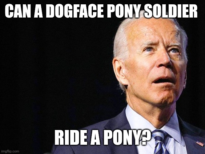 Joe Biden Confused | CAN A DOGFACE PONY SOLDIER; RIDE A PONY? | image tagged in joe biden confused | made w/ Imgflip meme maker