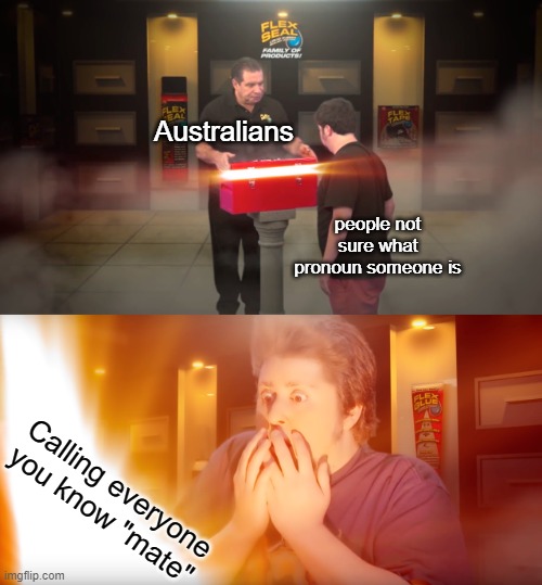 phil swift opens box | Australians; people not sure what pronoun someone is; Calling everyone you know "mate" | image tagged in phil swift opens box,frost | made w/ Imgflip meme maker