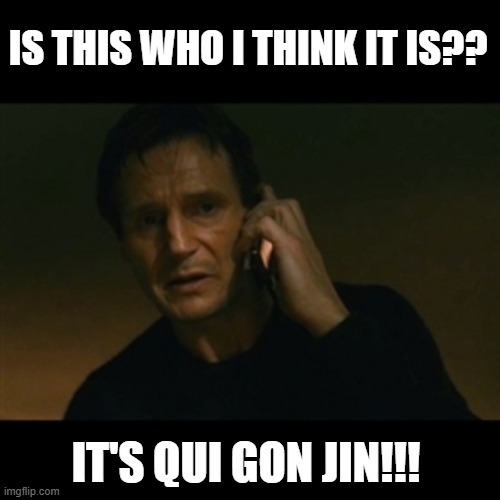 I watch Star Wars and when I saw this man face... It's Qui Gon!!! | IS THIS WHO I THINK IT IS?? IT'S QUI GON JIN!!! | image tagged in memes,liam neeson taken,qui gon jin,star wars,funny,fun | made w/ Imgflip meme maker