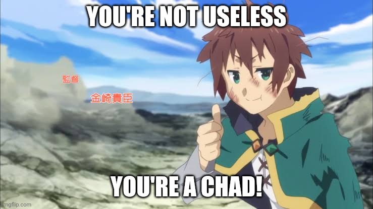 Kazuma Satou | YOU'RE NOT USELESS YOU'RE A CHAD! | image tagged in kazuma satou | made w/ Imgflip meme maker