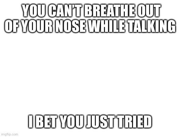 I bet | YOU CAN’T BREATHE OUT OF YOUR NOSE WHILE TALKING; I BET YOU JUST TRIED | image tagged in funny | made w/ Imgflip meme maker