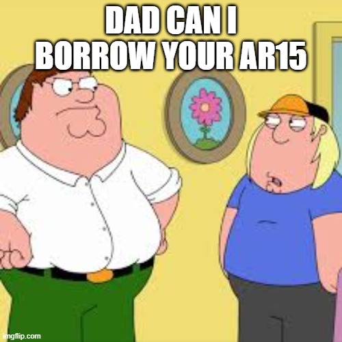 Peter and Chris | DAD CAN I BORROW YOUR AR15 | image tagged in peter and chris,ar15 | made w/ Imgflip meme maker