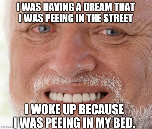 Pee | I WAS HAVING A DREAM THAT I WAS PEEING IN THE STREET; I WOKE UP BECAUSE I WAS PEEING IN MY BED. | image tagged in hide the pain harold,pee,dream,bed,wet | made w/ Imgflip meme maker