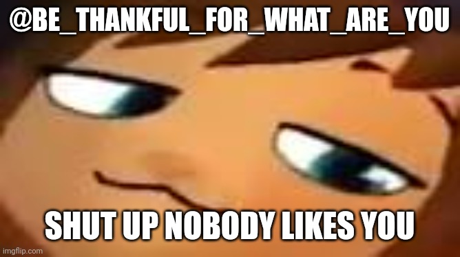 smug hat kid.mp4 | @BE_THANKFUL_FOR_WHAT_ARE_YOU; SHUT UP NOBODY LIKES YOU | image tagged in smug hat kid mp4 | made w/ Imgflip meme maker