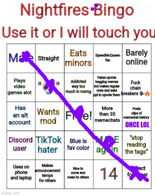 not touched today haha | ONCE LOL | image tagged in nightfires new bingo | made w/ Imgflip meme maker