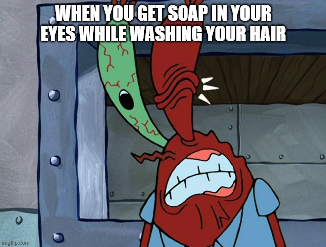 Mr. Krabs with an eye closed | WHEN YOU GET SOAP IN YOUR EYES WHILE WASHING YOUR HAIR | image tagged in spongebob,mr krabs | made w/ Imgflip meme maker