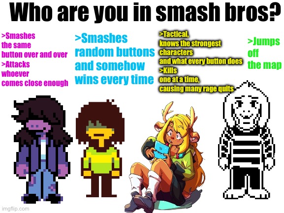 i’m kris frfr | Who are you in smash bros? >Smashes the same button over and over
>Attacks whoever comes close enough; >Tactical, knows the strongest characters and what every button does
>Kills one at a time, causing many rage quits; >Jumps off the map; >Smashes random buttons and somehow wins every time | image tagged in blank white template | made w/ Imgflip meme maker