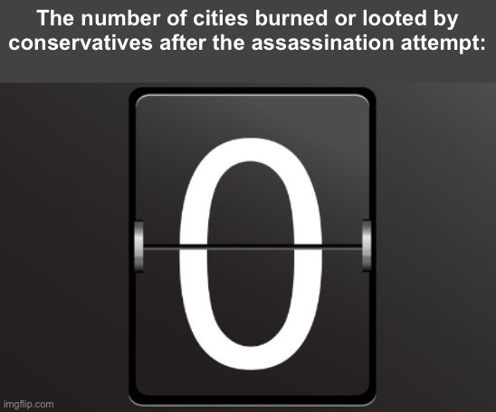 I guess one side is more evolved | The number of cities burned or looted by conservatives after the assassination attempt: | image tagged in zero counter,politics lol,memes | made w/ Imgflip meme maker