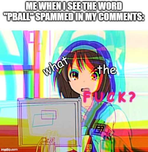 Bro wtf does that even mean? | ME WHEN I SEE THE WORD "PBALL" SPAMMED IN MY COMMENTS: | image tagged in bruh,why are you reading this | made w/ Imgflip meme maker