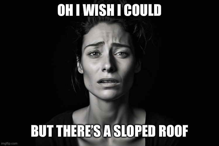 Sloped Roof | OH I WISH I COULD; BUT THERE’S A SLOPED ROOF | image tagged in sloped roof | made w/ Imgflip meme maker