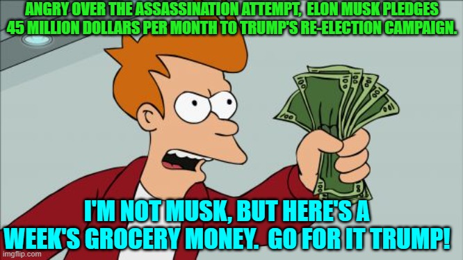 Decent citizens are ANGRY.  Go for it Trump. | ANGRY OVER THE ASSASSINATION ATTEMPT,  ELON MUSK PLEDGES 45 MILLION DOLLARS PER MONTH TO TRUMP'S RE-ELECTION CAMPAIGN. I'M NOT MUSK, BUT HERE'S A WEEK'S GROCERY MONEY.  GO FOR IT TRUMP! | image tagged in shut up and take my money fry | made w/ Imgflip meme maker