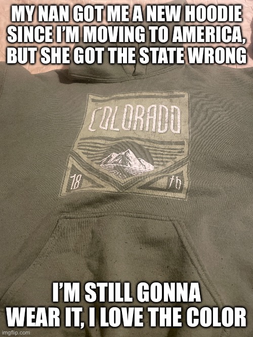 Its literally my favorite color | MY NAN GOT ME A NEW HOODIE SINCE I’M MOVING TO AMERICA, BUT SHE GOT THE STATE WRONG; I’M STILL GONNA WEAR IT, I LOVE THE COLOR | made w/ Imgflip meme maker