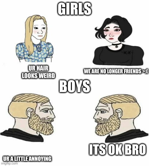 Boys vs Girls | GIRLS; UR HAIR LOOKS WEIRD; WE ARE NO LONGER FRIENDS >:(; BOYS; ITS OK BRO; UR A LITTLE ANNOYING | image tagged in boys vs girls | made w/ Imgflip meme maker
