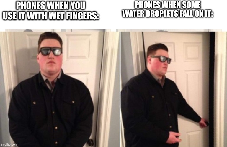 Guard at Door | PHONES WHEN YOU USE IT WITH WET FINGERS: PHONES WHEN SOME WATER DROPLETS FALL ON IT: | image tagged in guard at door | made w/ Imgflip meme maker