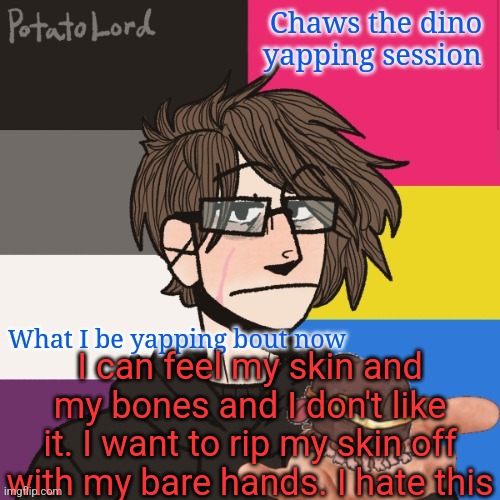 Chaws_the_dino announcement temp | I can feel my skin and my bones and I don't like it. I want to rip my skin off with my bare hands. I hate this | image tagged in chaws_the_dino announcement temp | made w/ Imgflip meme maker