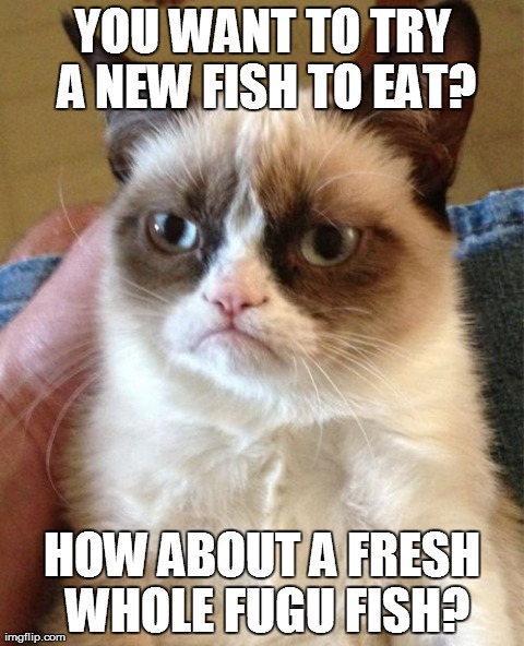 Grumpy Cat | YOU WANT TO TRY A NEW FISH TO EAT? HOW ABOUT A FRESH WHOLE FUGU FISH? | image tagged in memes,grumpy cat | made w/ Imgflip meme maker