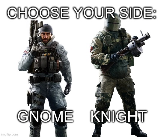 Siege meme | CHOOSE YOUR SIDE:; GNOME    KNIGHT | image tagged in gaming | made w/ Imgflip meme maker