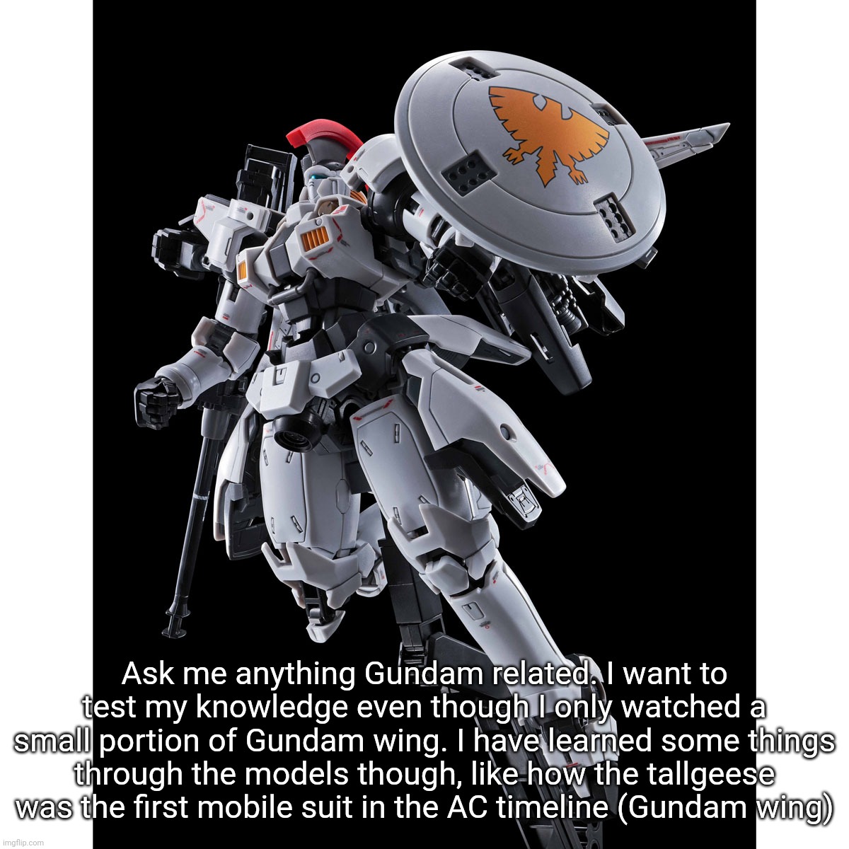 Been a while since I last posted here, at least a couple months. | Ask me anything Gundam related. I want to test my knowledge even though I only watched a small portion of Gundam wing. I have learned some things through the models though, like how the tallgeese was the first mobile suit in the AC timeline (Gundam wing) | made w/ Imgflip meme maker