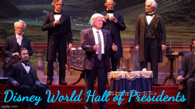 Trump gets an update in the Hall of Presidents | Disney World Hall of Presidents | image tagged in trump gets ear waxed,maga mania,disney hall of presidents trump,patchwork,ear job,ear patch pirate | made w/ Imgflip meme maker