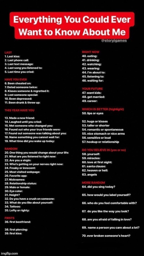 I'm going to sleep now so wait for answers | image tagged in everything you could ever want to know about me | made w/ Imgflip meme maker